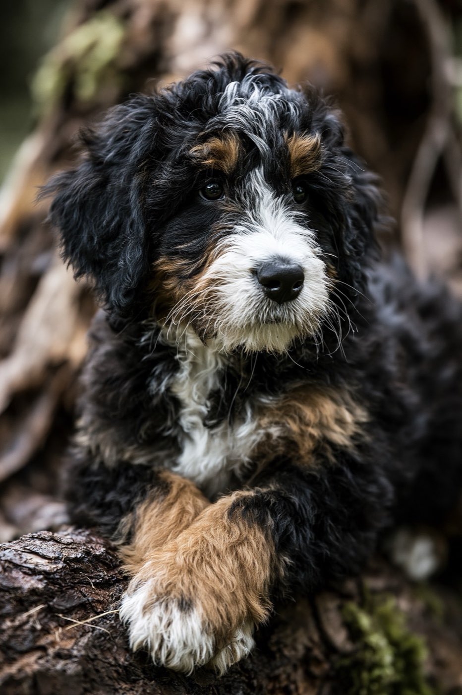 Bernedoodle puppy sitting on a cushion