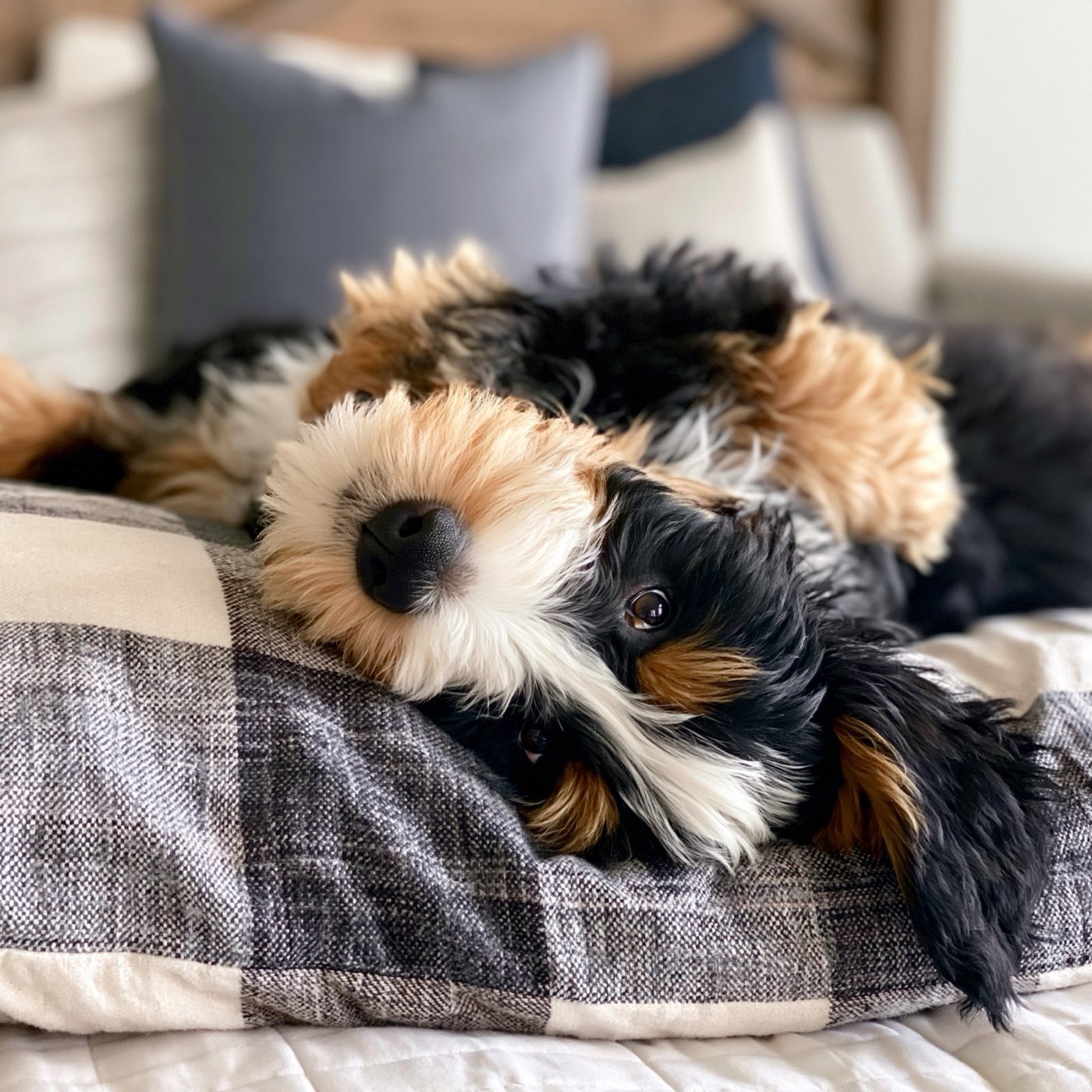Bernedoodle puppy lying on its back