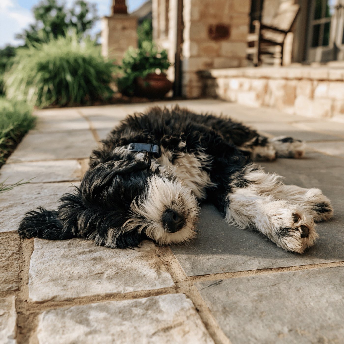 Bernedoodle puppy with pale eyes lying on its back
