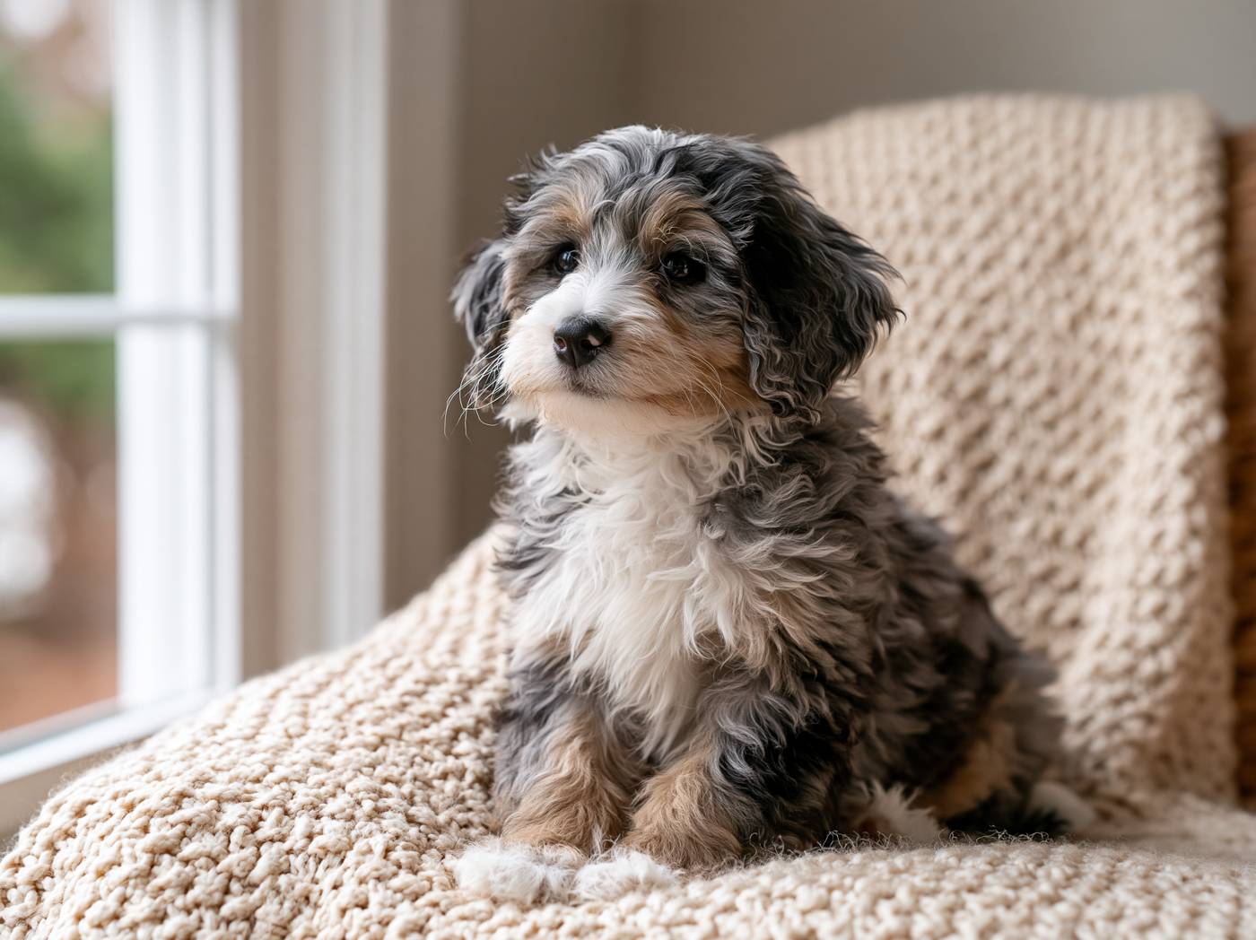 Blue merle Mini Bernedoodle puppy on a knit blanket