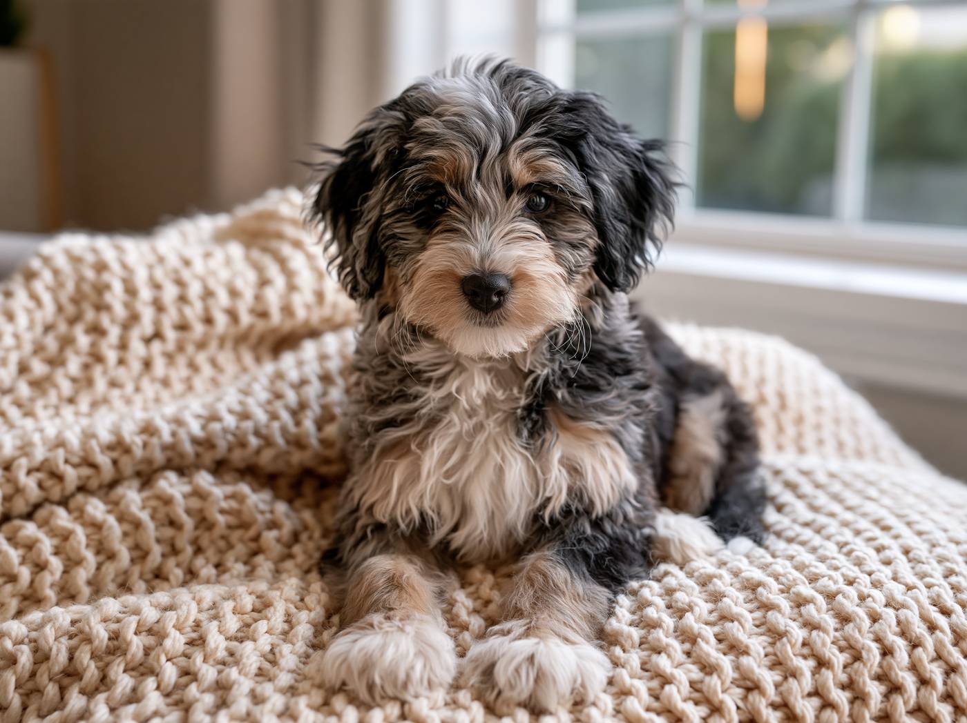 Blue merle Mini Bernedoodle puppy by the window
