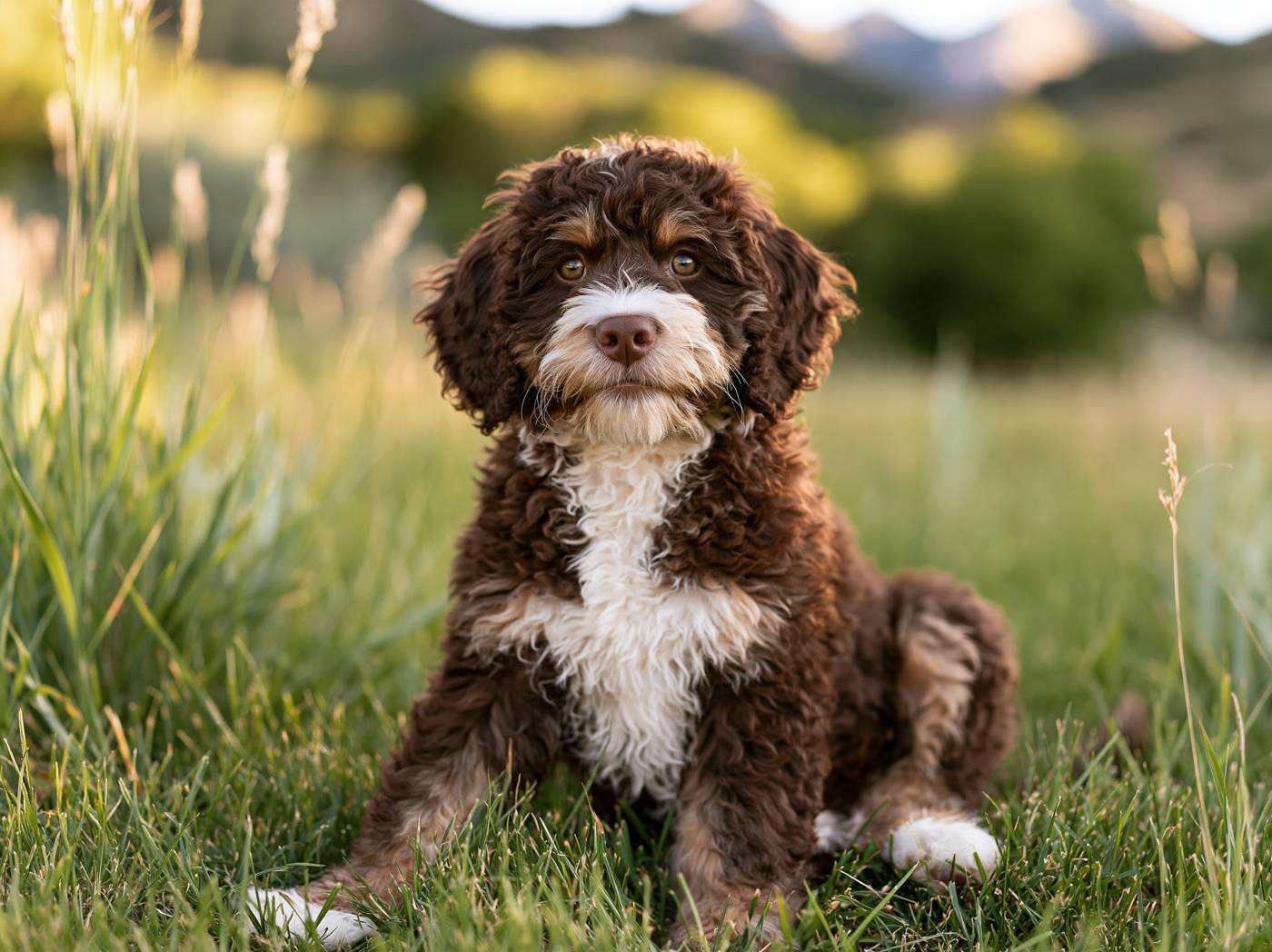 Chocolate tri-color Bernedoodle puppy in a mountain meadow