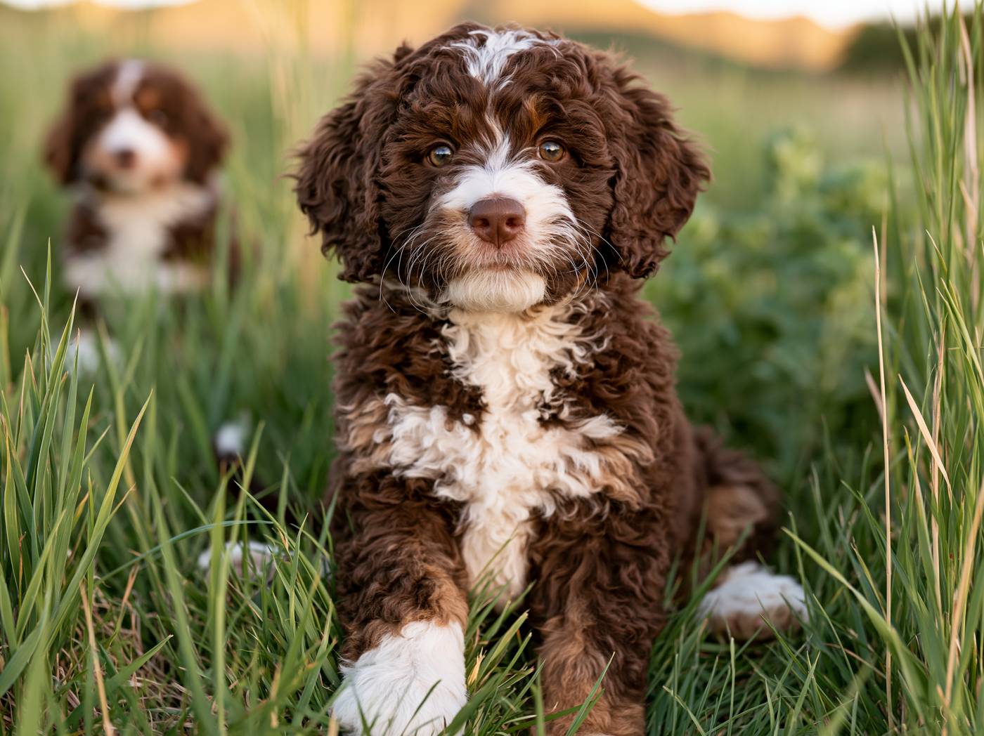 Chocolate tri-color Bernedoodle puppy at golden hour