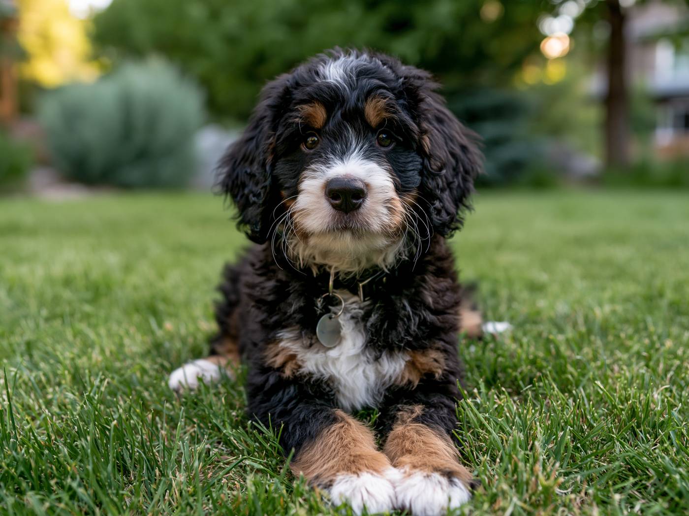 F1 Bernedoodle puppy with a wavy tri-color coat