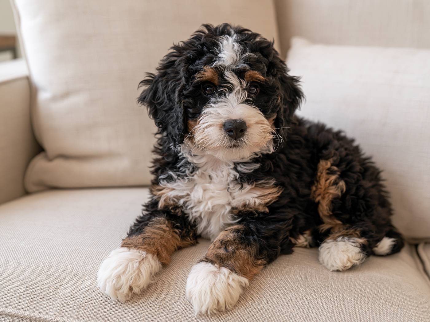 F1b Bernedoodle puppy with a curly coat