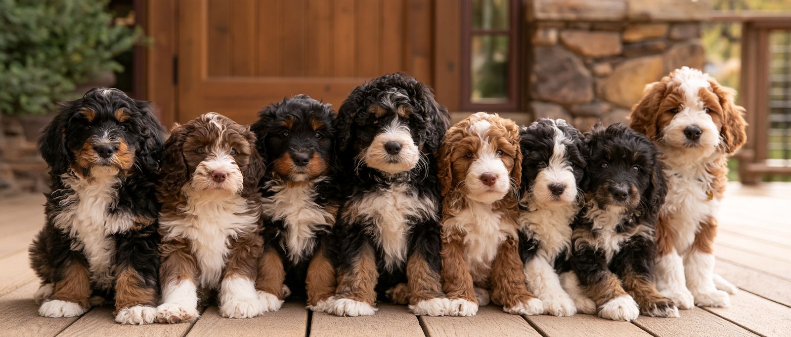 Eight Bernedoodle puppies lined up on a cabin porch