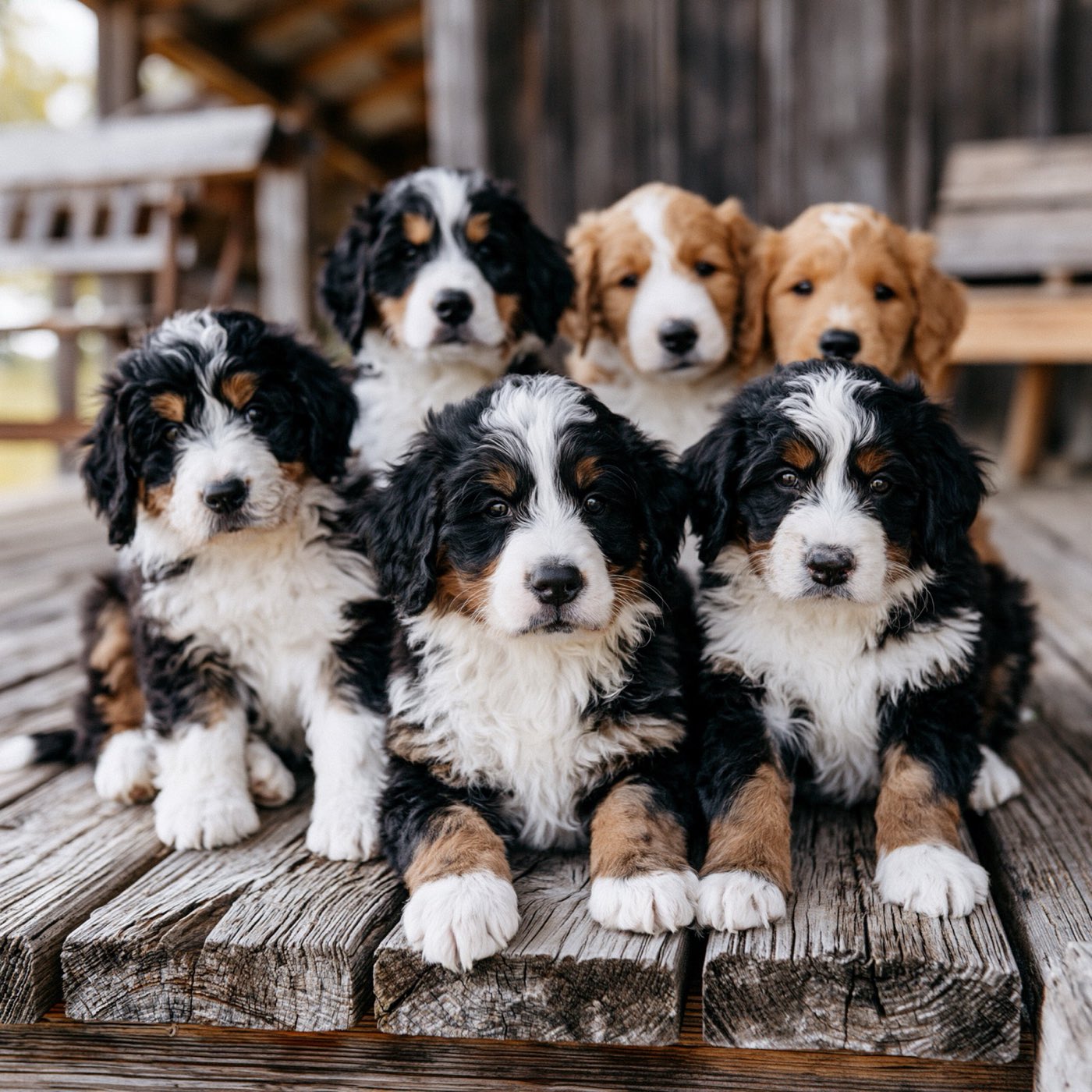 A litter of Bernedoodle puppies lined up on a porch