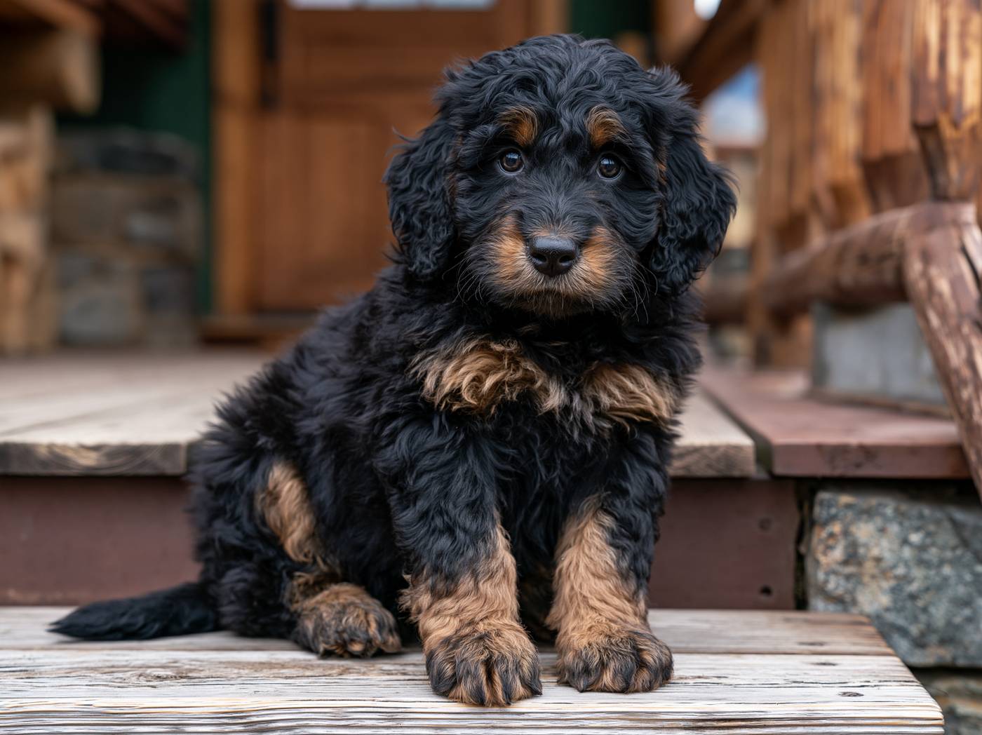 Phantom Bernedoodle puppy on a porch step