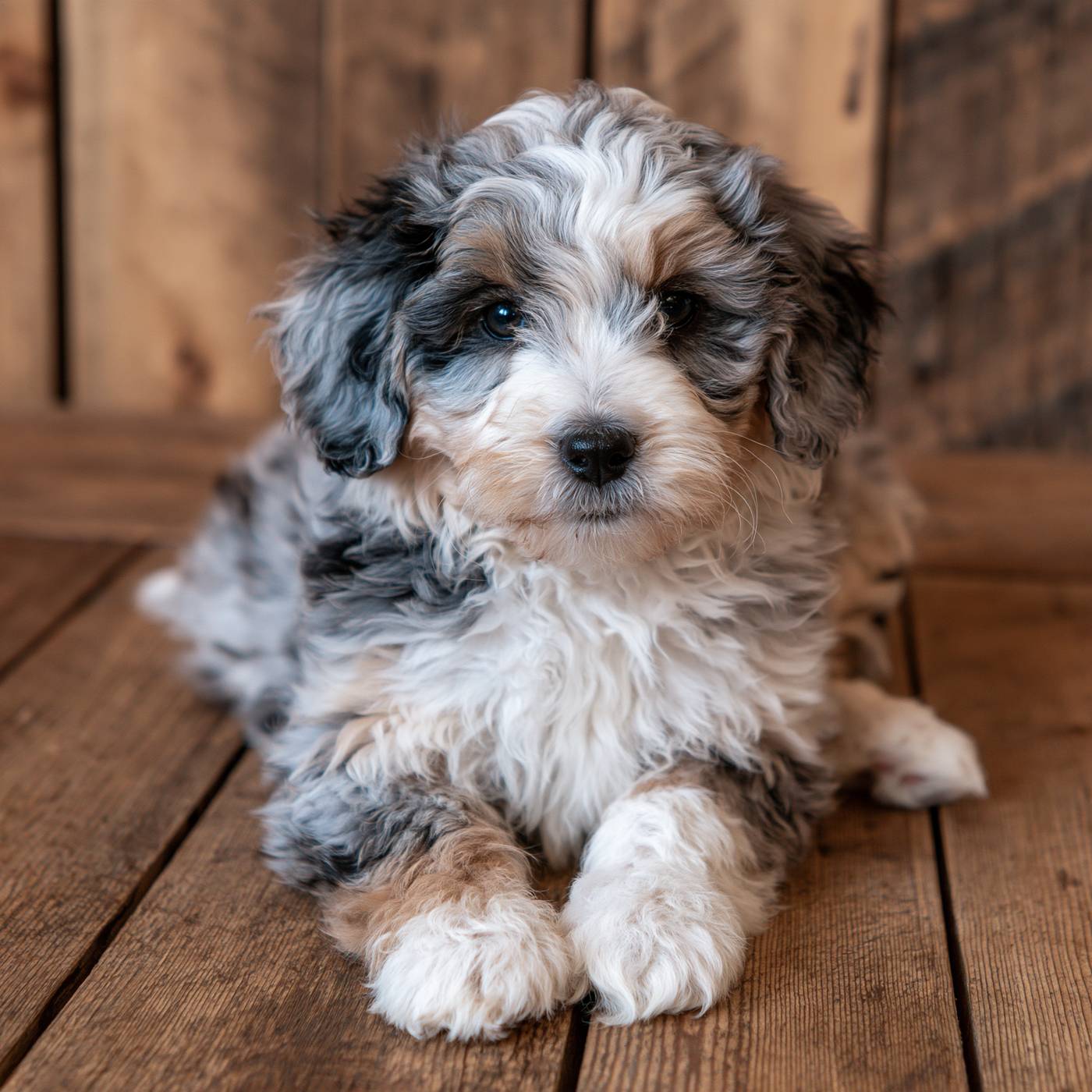Phantom blue merle Mini Bernedoodle puppy on wood