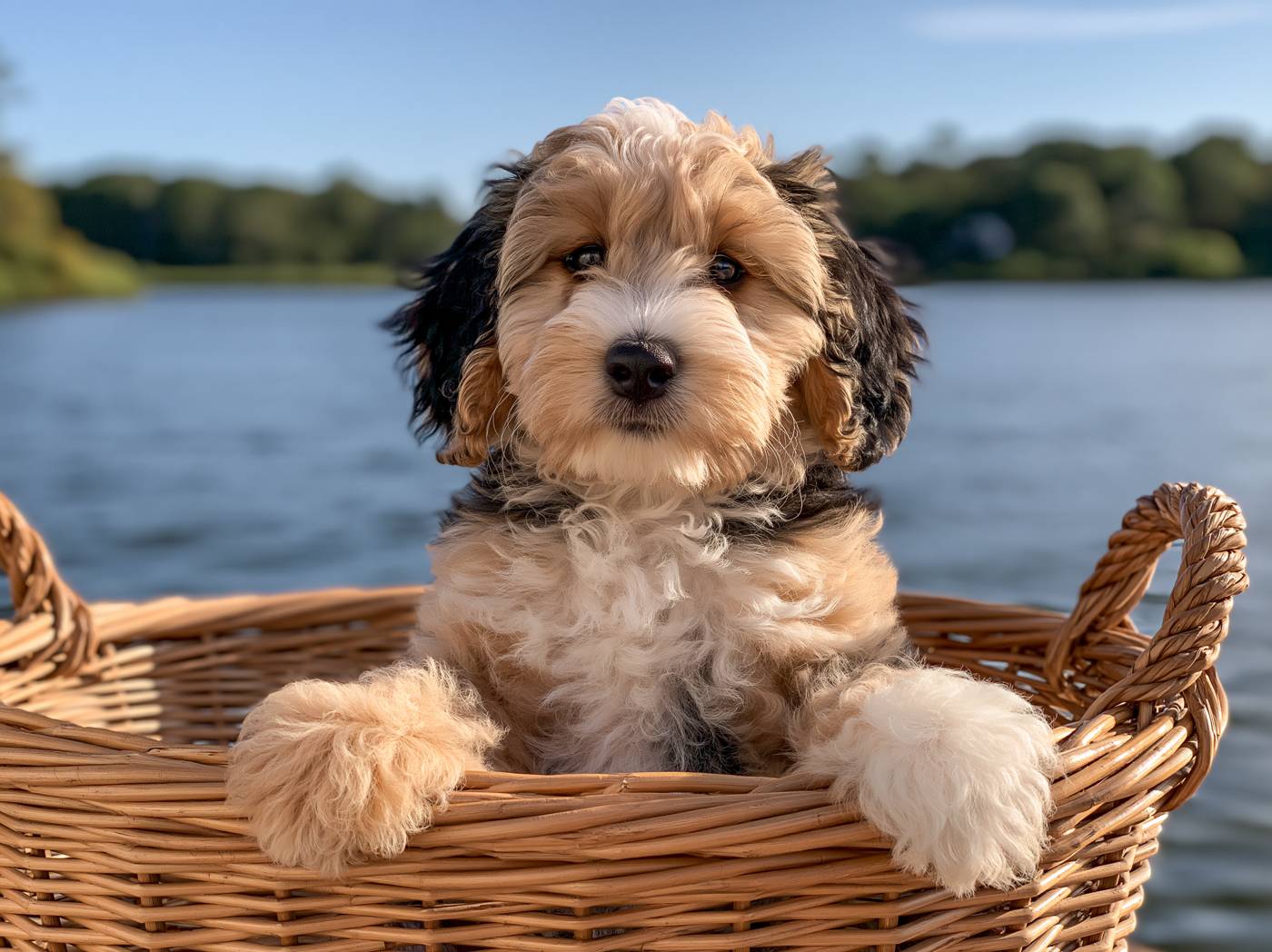 Sable Bernedoodle puppy in a basket by the lake