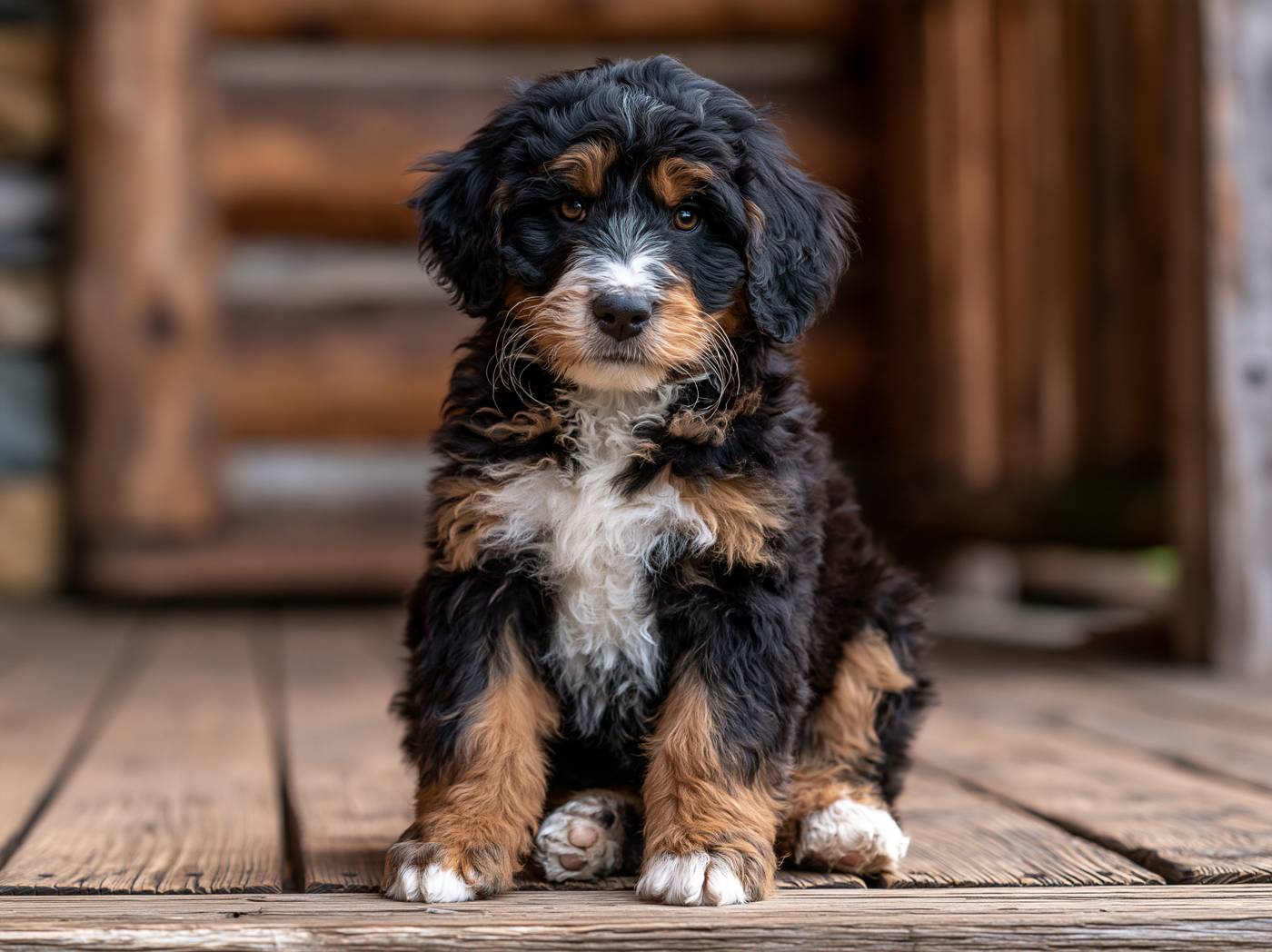 Tri-color Bernedoodle puppy on a cabin porch