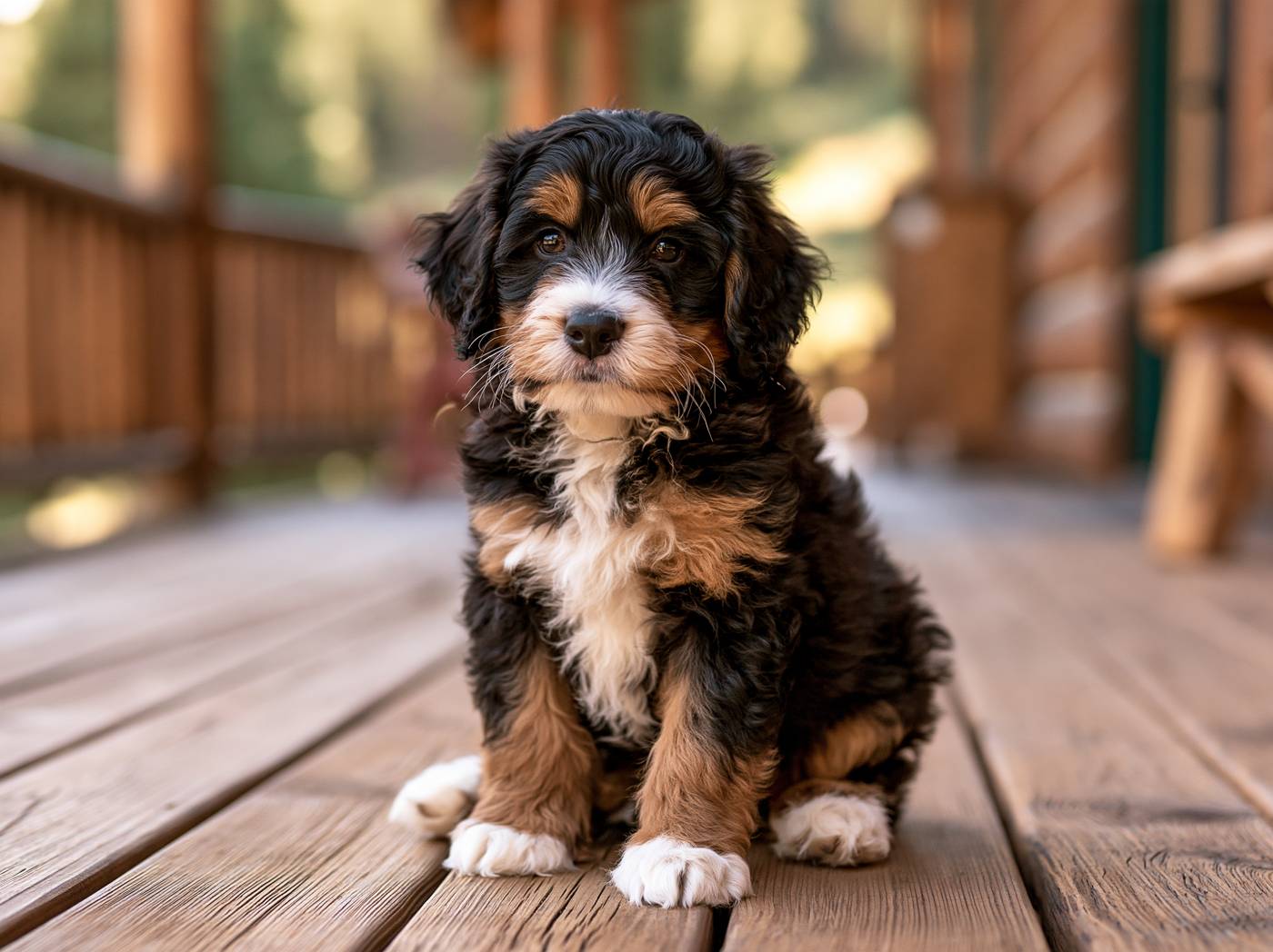 Tri-color Bernedoodle puppy with white blaze